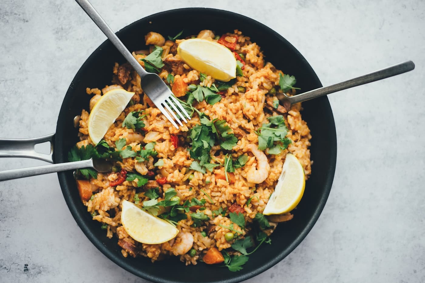 Pan of shrimp fried rice