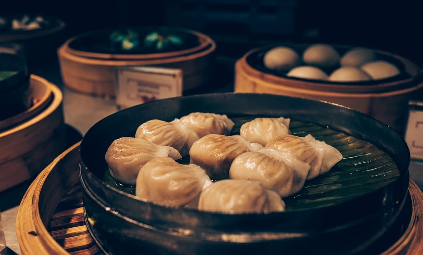Dim sum in bamboo steamers at a Chinese restaurant